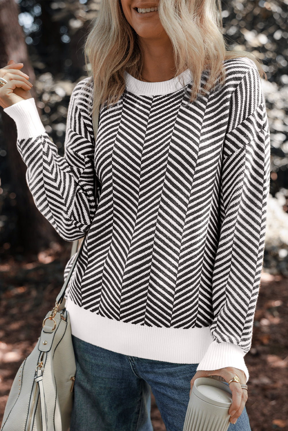 Coffee Stripe Contrast Edge Crew Neck Drop Shoulder Sweater