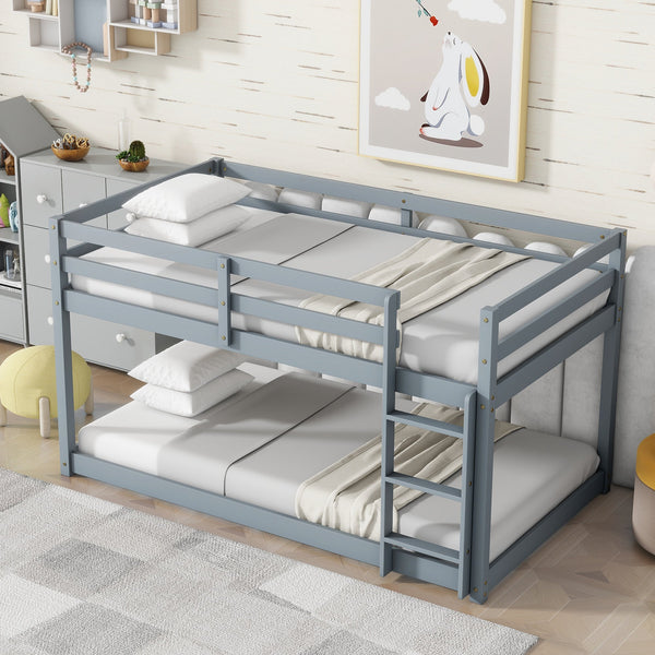 Solid Wooden , Solid Rubber Wooden Twin over Twin Floor Bunk Bed with Ladder ,Upper and Bottom Bed Platforms crafted with Strengthened Slats ,Grey