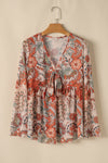 Orange Floral Bell Sleeve Pleated Blouse