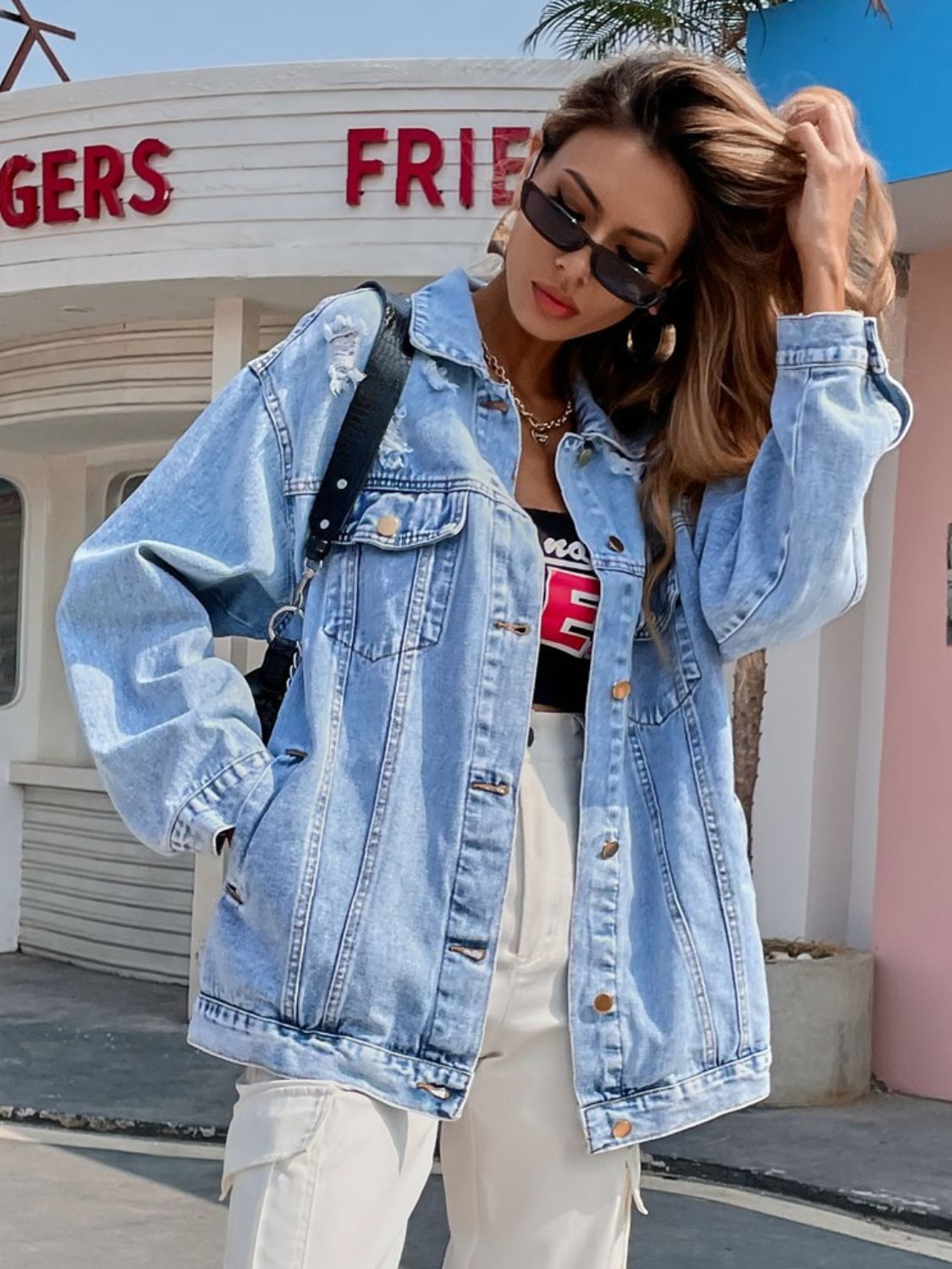 Distressed Button Up Long Sleeve Denim Top