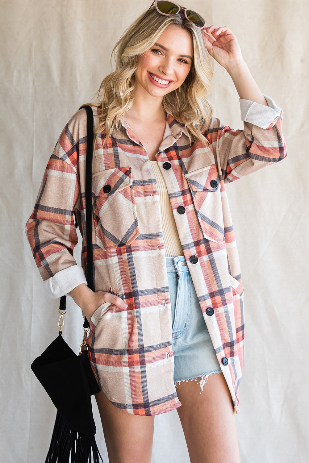 Khaki Plaid Casual Pockets Buttoned Shacket