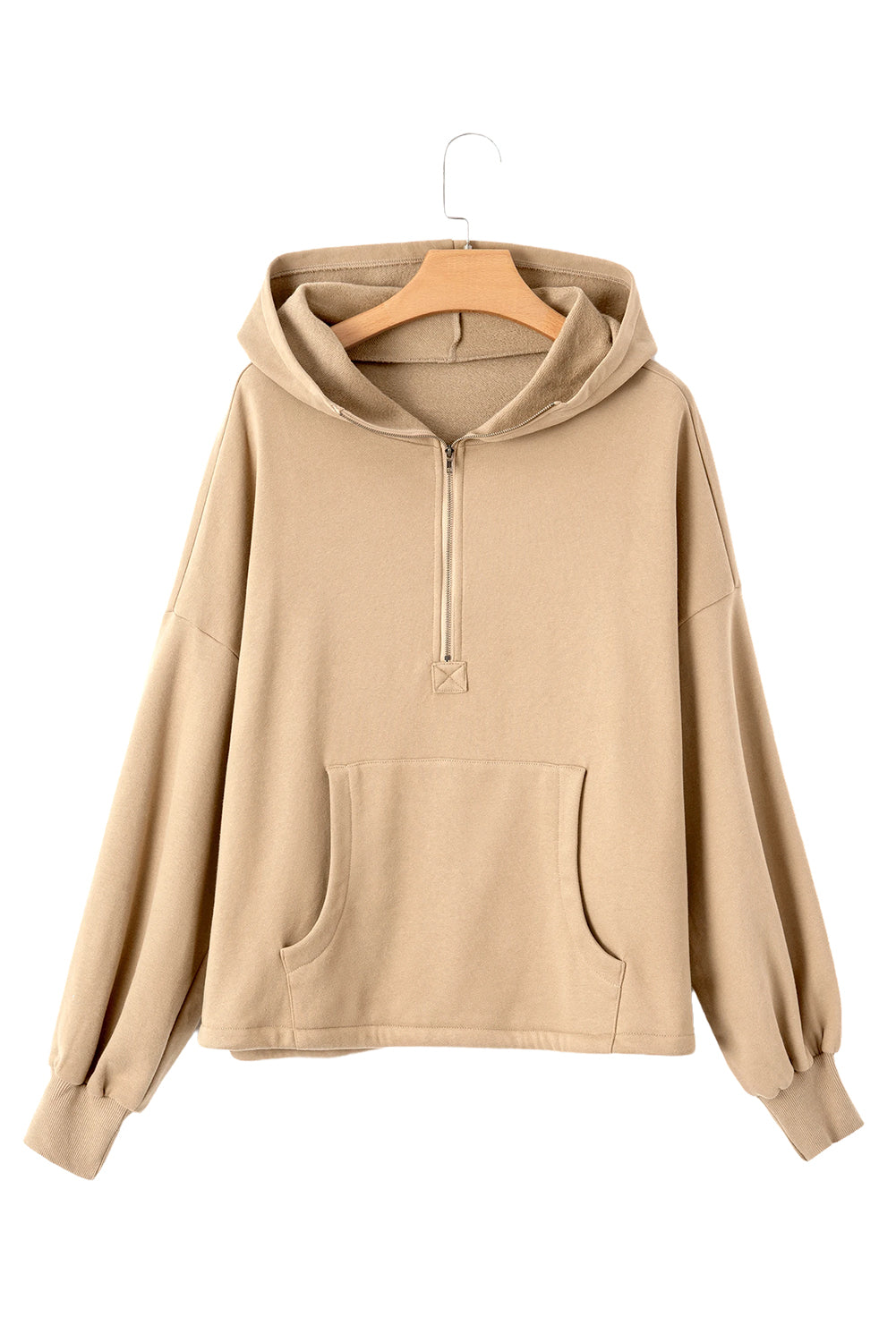 Smoke Green Half Zipper Kangaroo Pockets Drop Shoulder Hoodie