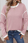 Light Pink Contrast Color Trim Knit Drop Shoulder Loose Top