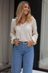 Beige Flower Lace V Neck Puff Sleeve Top