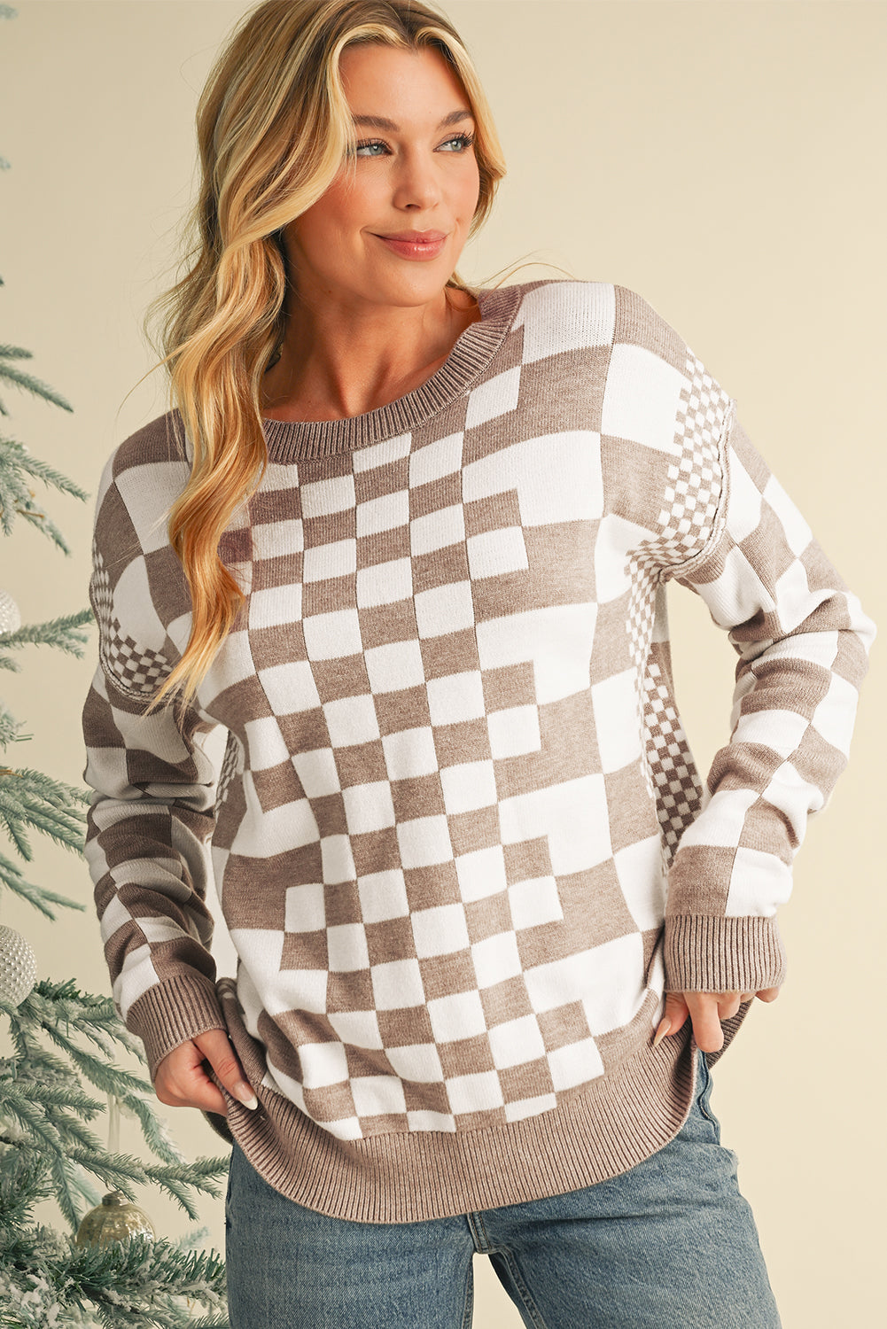 Carrot Checkered Drop Shoulder Round Neck Sweater