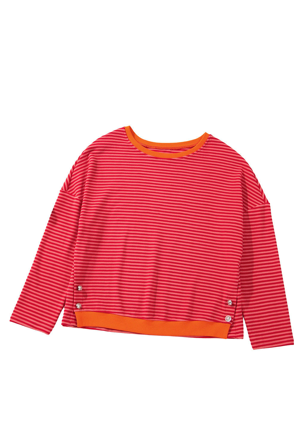 Tomato Red Two Tone Striped Side Buttons Drop Shoulder Top