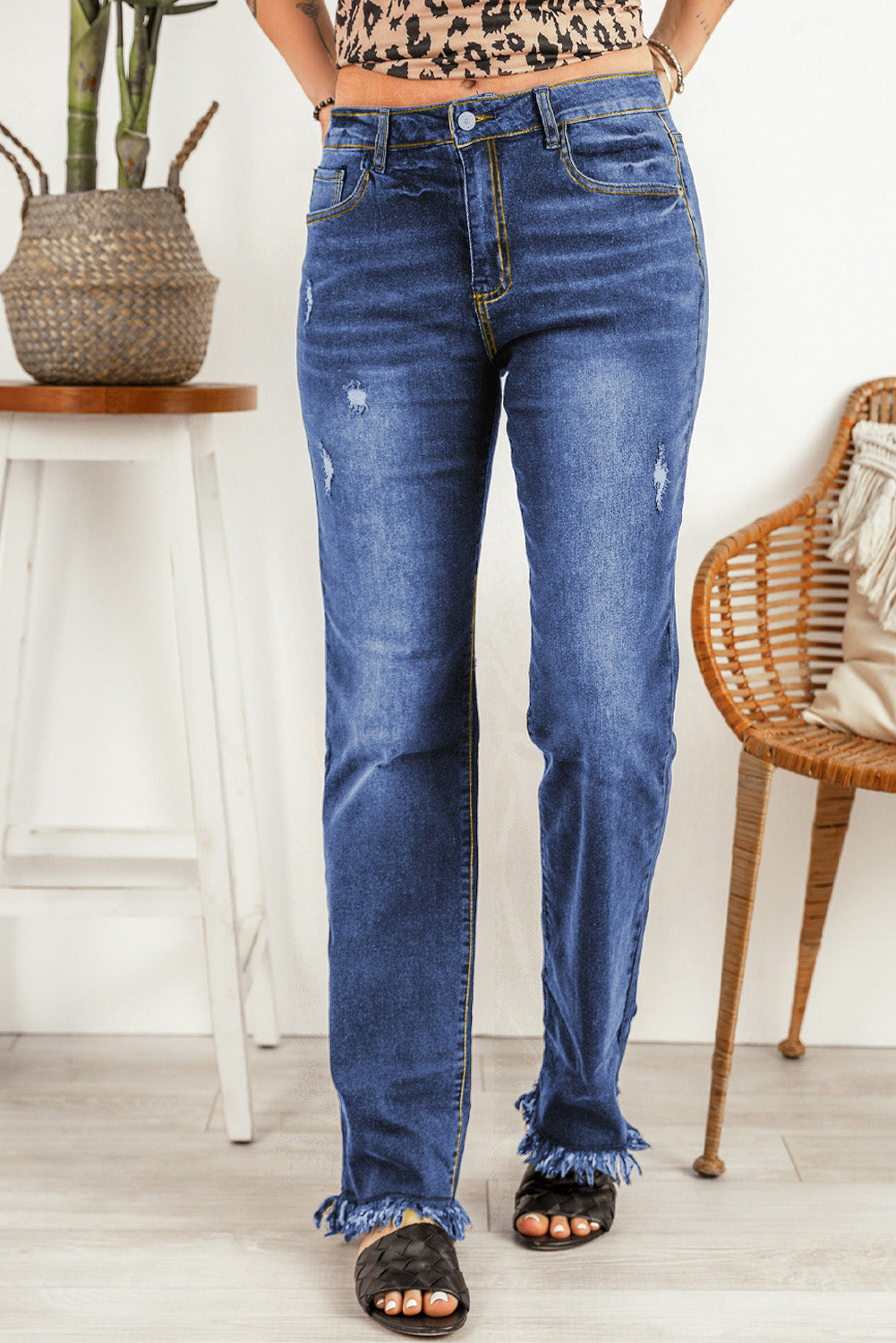 Sky Blue Raw Hem High Waist Straight Leg Jeans