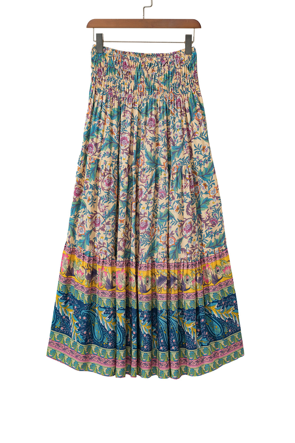 Sky Blue Boho Floral & Paisley Print Shirred Waist Long Skirt