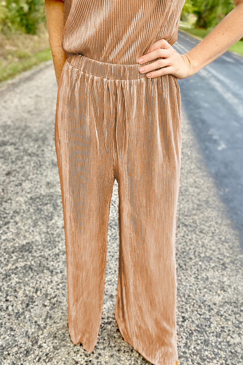 Clay Ribbed Short Puff Sleeve Top and Wide Leg Pants Set