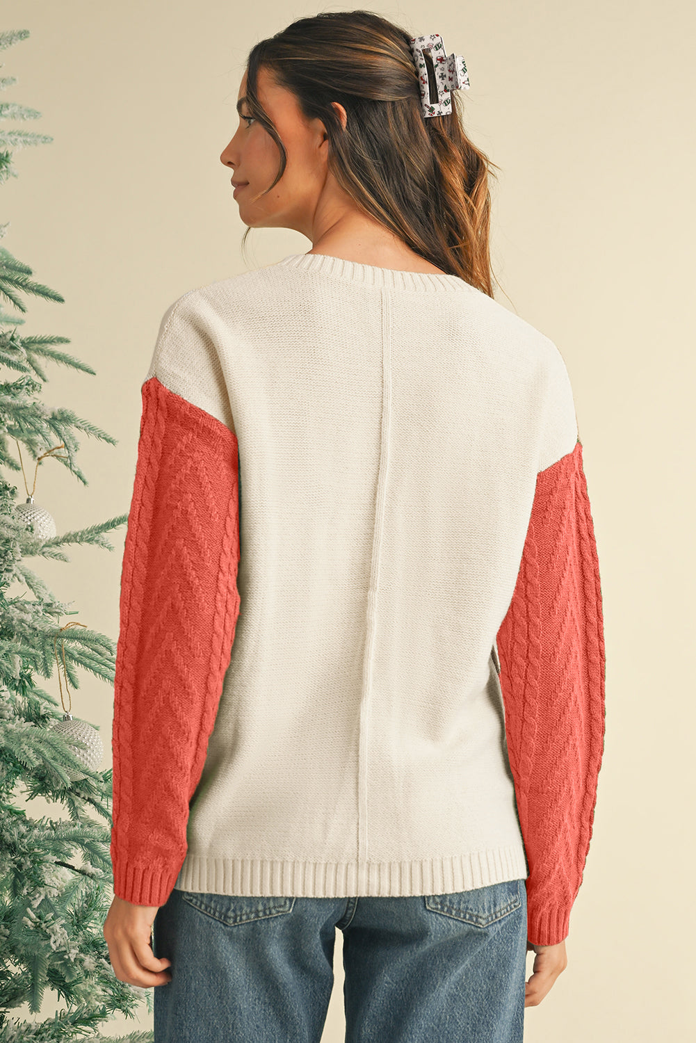 Rose Tan Colorblock Pocket Drop Shoulder Sweater