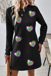 Black Mardi Gras Sequin Heart Patched Textured Long Sleeve Dress