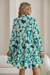 Blackish Green Flower Print Smocked Cuffs Tiered Mini Dress