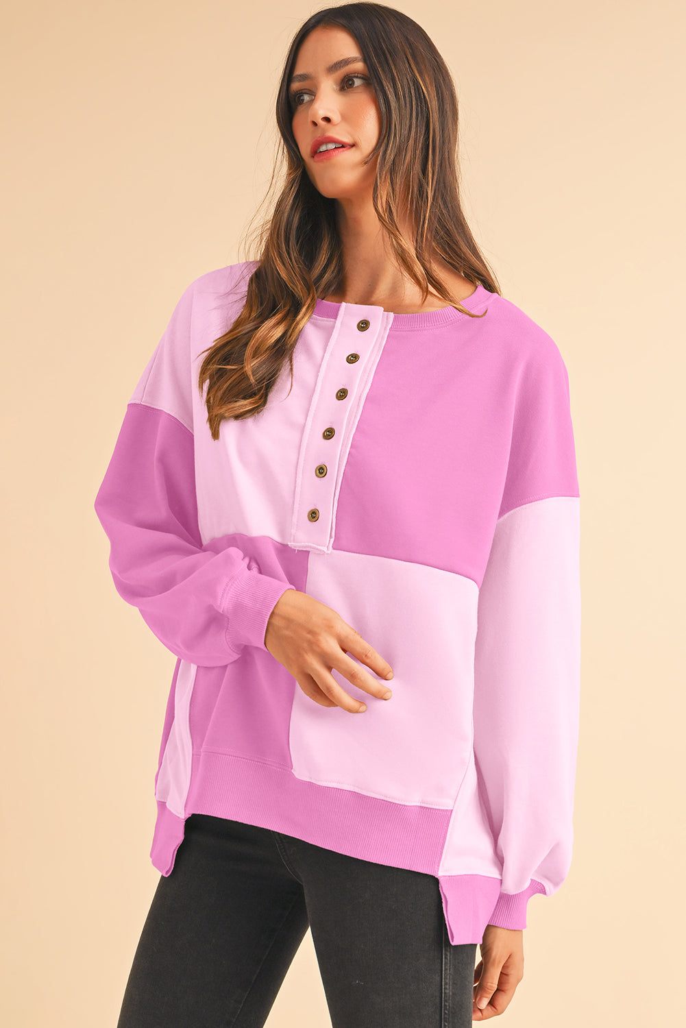 Parchment Colorblock Henley High Low Loose Sweatshirt