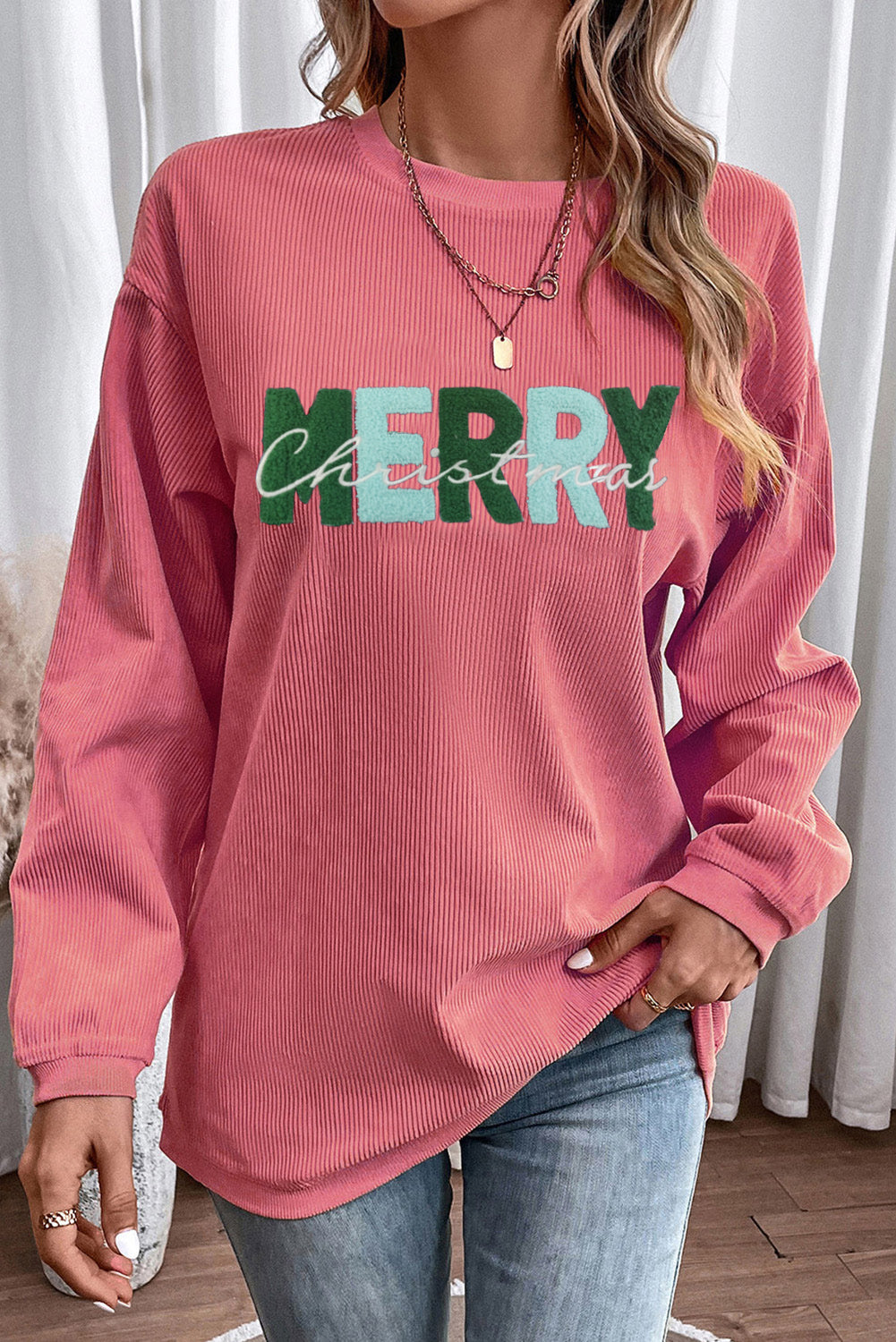 Racing Red Corded MERRY Christmas Letter Graphic Sweatshirt