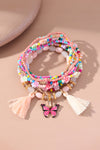 Peach Blossom Butterfly Charm Tassel Colorful Beaded Bracelet Set