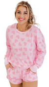 Pink Heart Print Long Sleeve Top and Shorts Loungewear Set