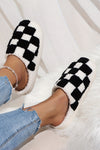 Light Blue Checkered Print Fuzzy Slip On Winter Slippers