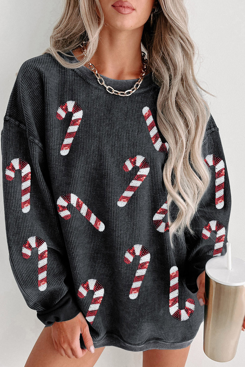 Pink Xmas Candy Cane Shining Graphic Corded Sweatshirt