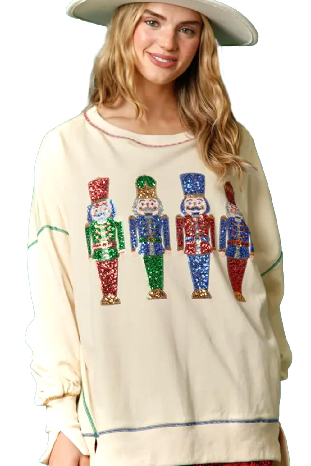 White Sequin Christmas Nutcracker Round Neck Sweatshirt