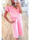 Pink Textured Pearl Ruffle Sleeve Wide Leg Two Piece Pants Set