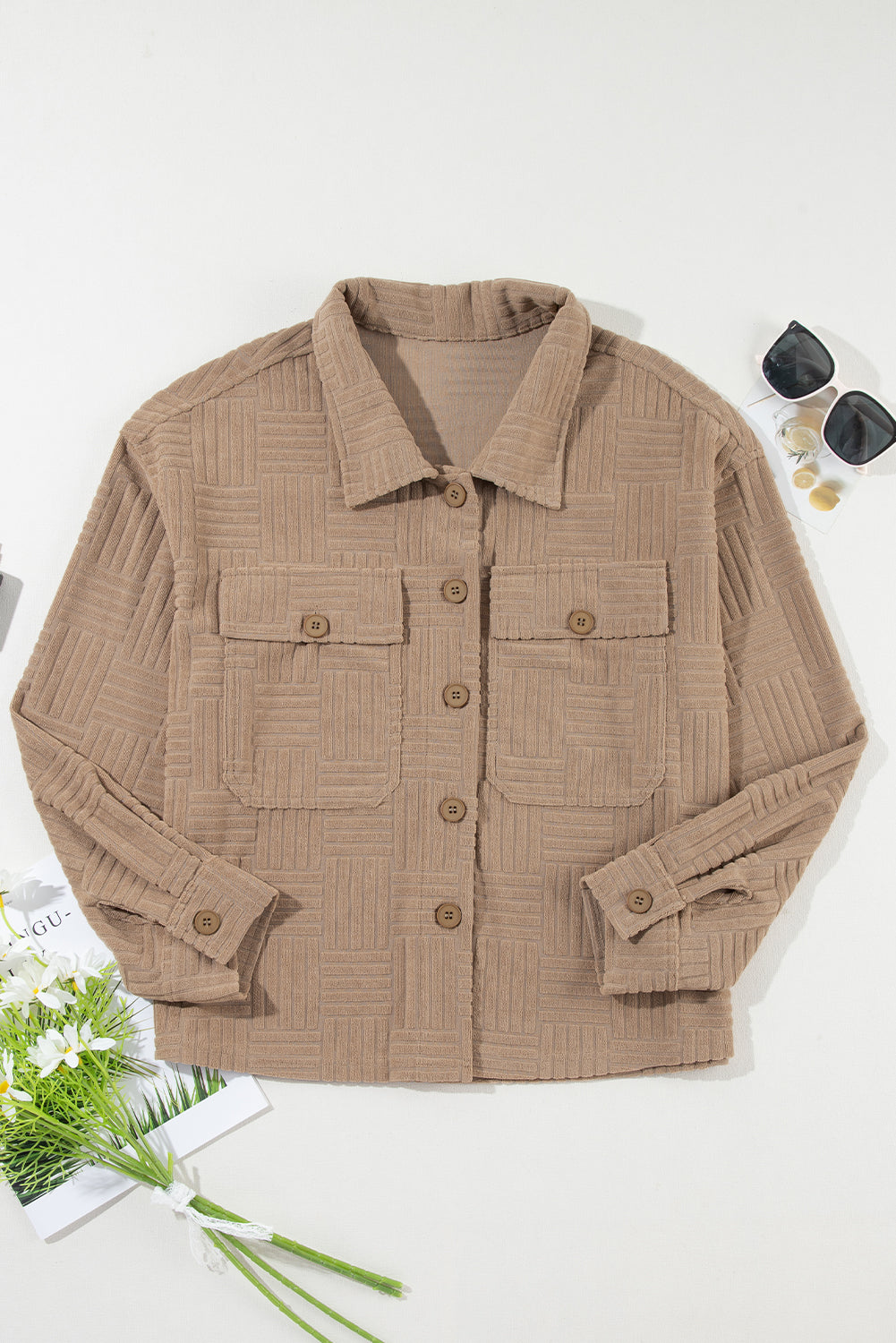 Dark Khaki Textured Chest Pocket Button Up Shacket