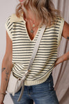 Beige Stripe Turn-down Collar Sleeveless Knitted Top