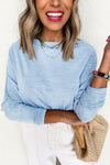 Beau Blue Solid Color Boat Neck Batwing Long Sleeve Top