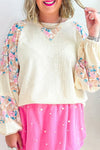 Apricot Floral Patchwork Puff Sleeve Plus Size Ribbed Top