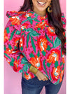 Rose Floral Print Pleated Ruffled O Neck Plus Size Blouse