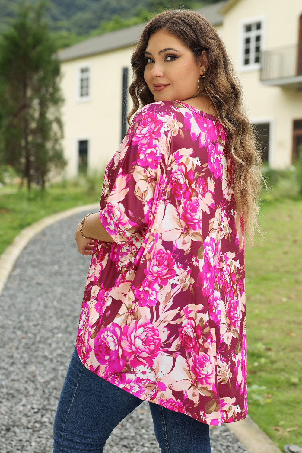 Red Plus Size Floral Print Half Sleeve Blouse