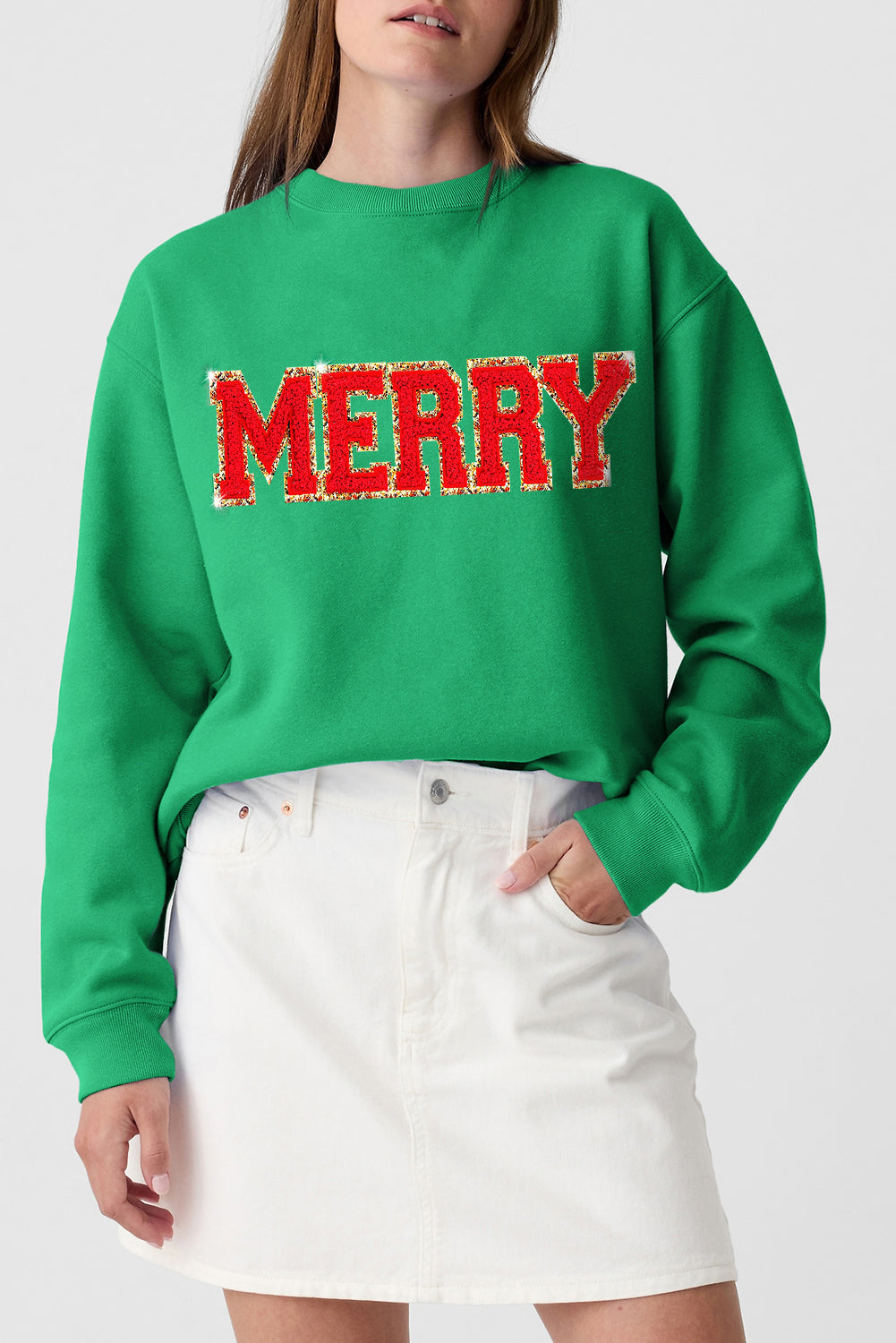 Dark Green Christmas Chenille MERRY Graphic Crew Neck Sweatshirt