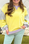 Yellow Striped Colorblock Patchwork Plus Size Pullover Sweatshirt