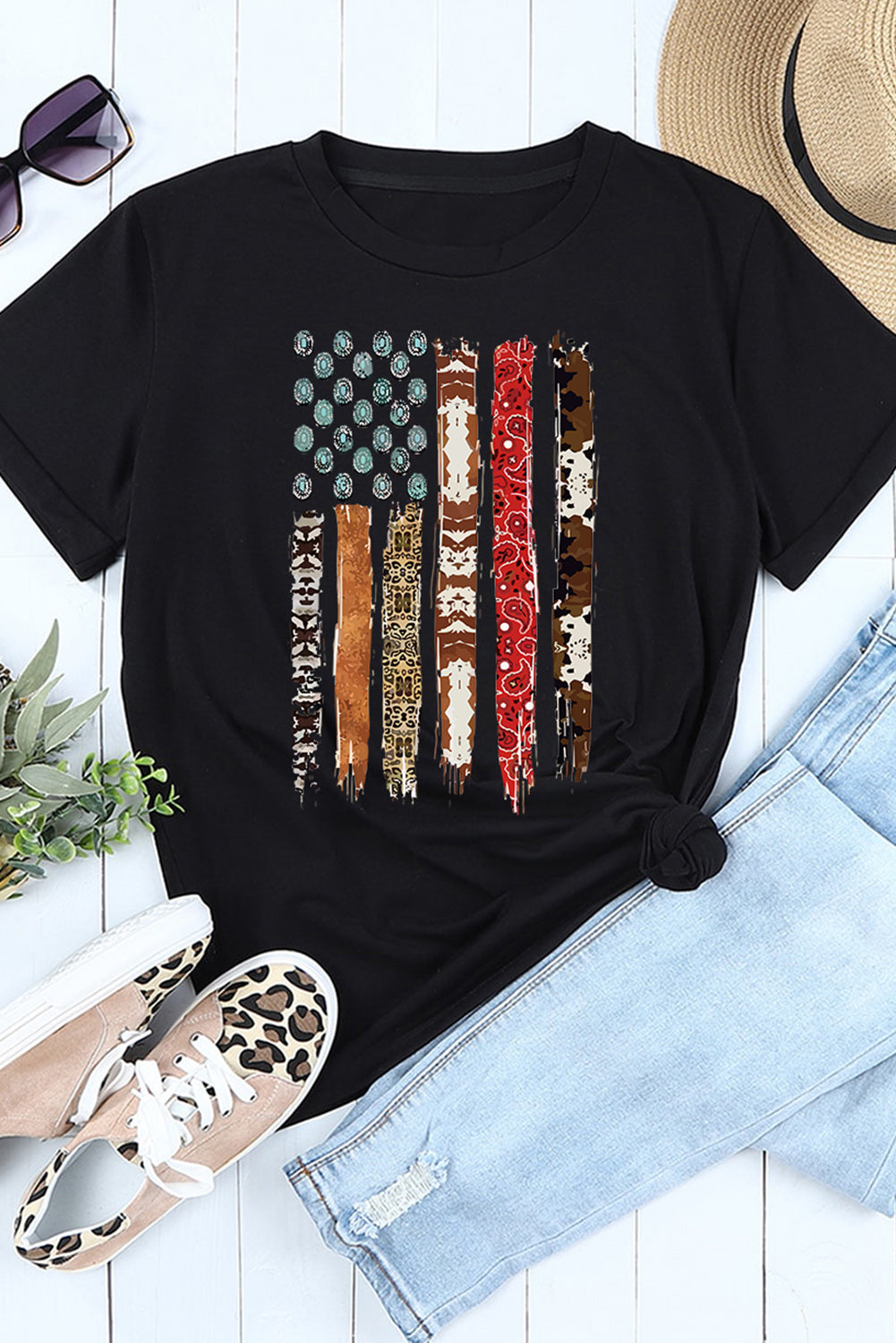 American Flag Print Black Graphic Tee