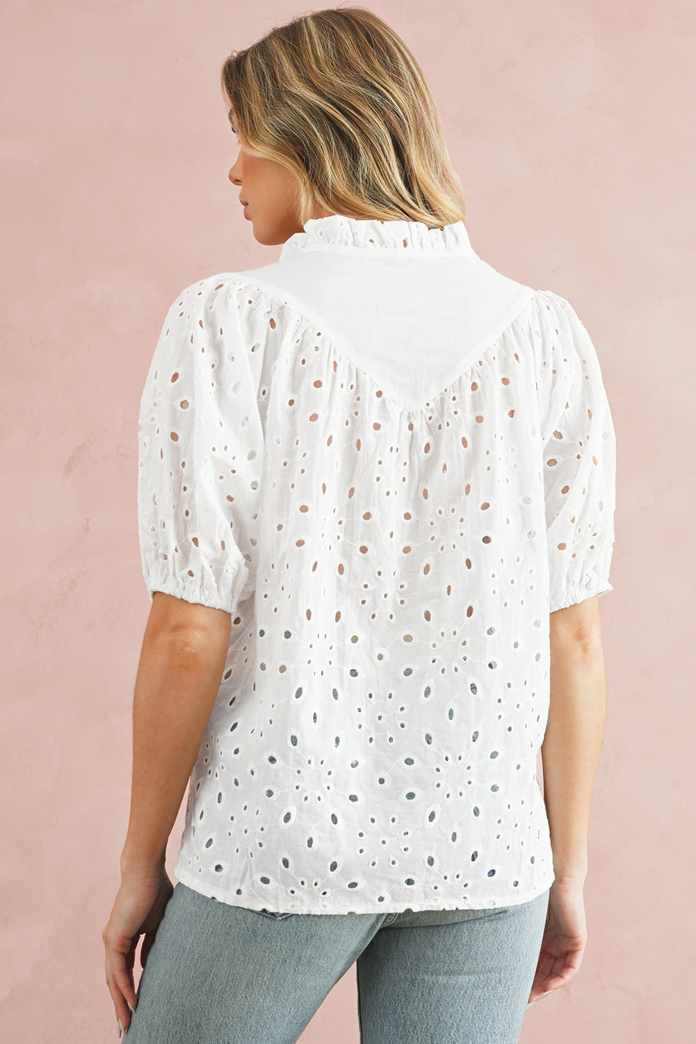 Bonbon Hollow-out Flower Embroidered Short Puff Sleeve Blouse