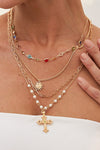 Gold 4pcs Cross Pendant Rhinestone Pearl Chain Necklace Set