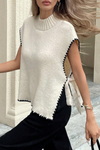 Beige Ric Rac Trim Side Knot Knit Sleeveless Top