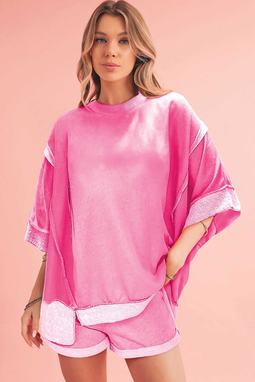 Sachet Pink Terry Cloth Patchwork Oversized Top & Shorts Set