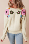 Crochet Flower Round Neck Dropped Shoulder Sweater - Cocoa Yacht Club