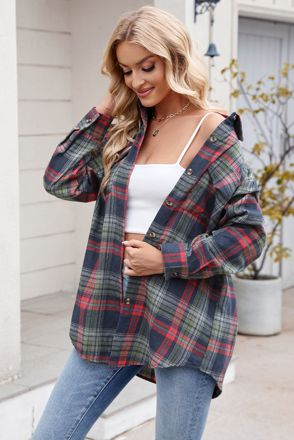 Green Plaid Chest Pocket Button Front Shirt