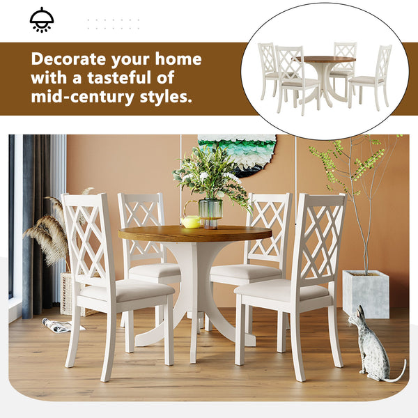 TOPMAX Mid-Century Solid Wood 5-Piece Round Dining Table Set, Kitchen Table Set with Upholstered Chairs for Small Places, Walnut Table+Beige Chair (old sku:SH000226AAD)