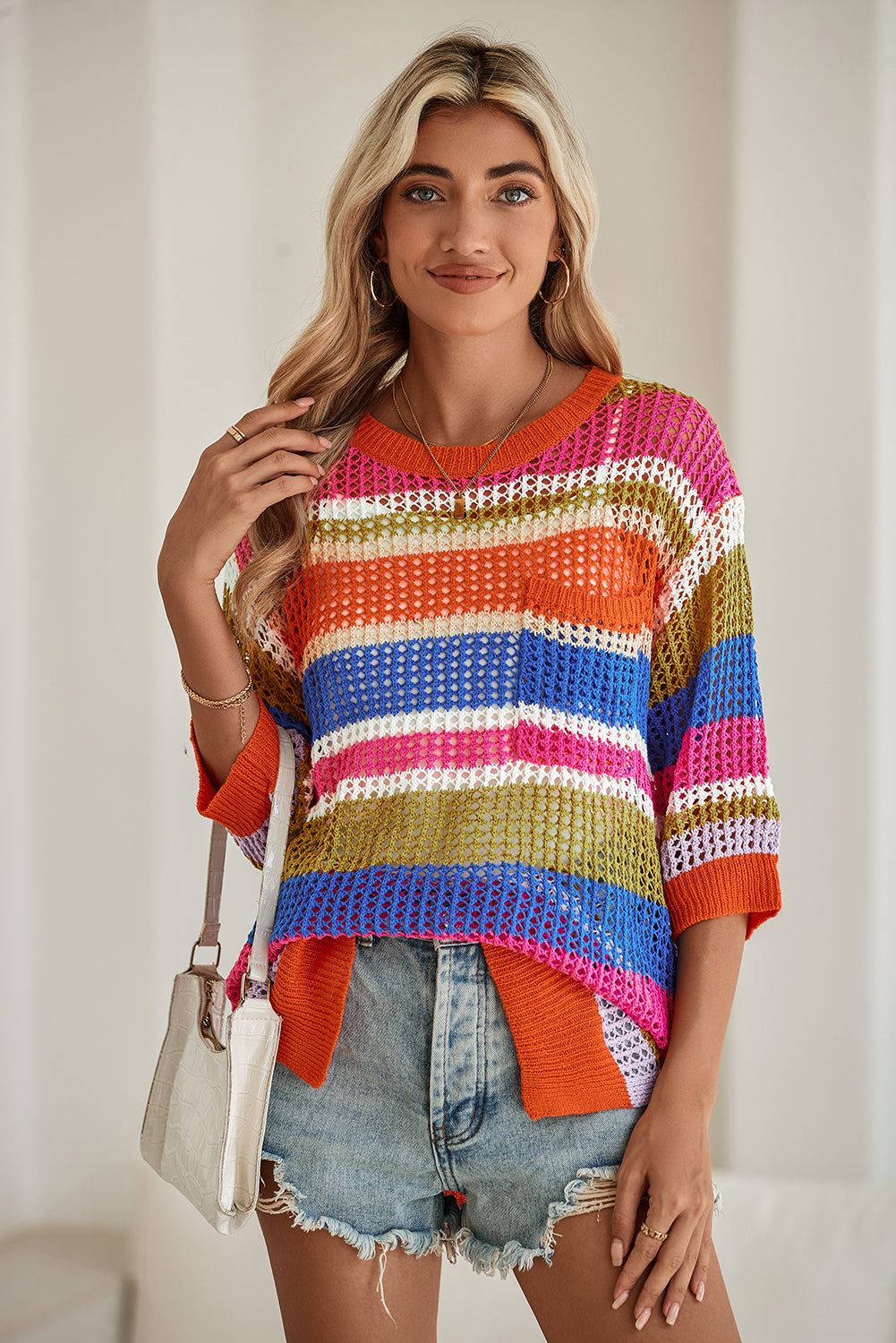 Pink Striped Color Block Hollow Crochet 3/4 Sleeve T Shirt