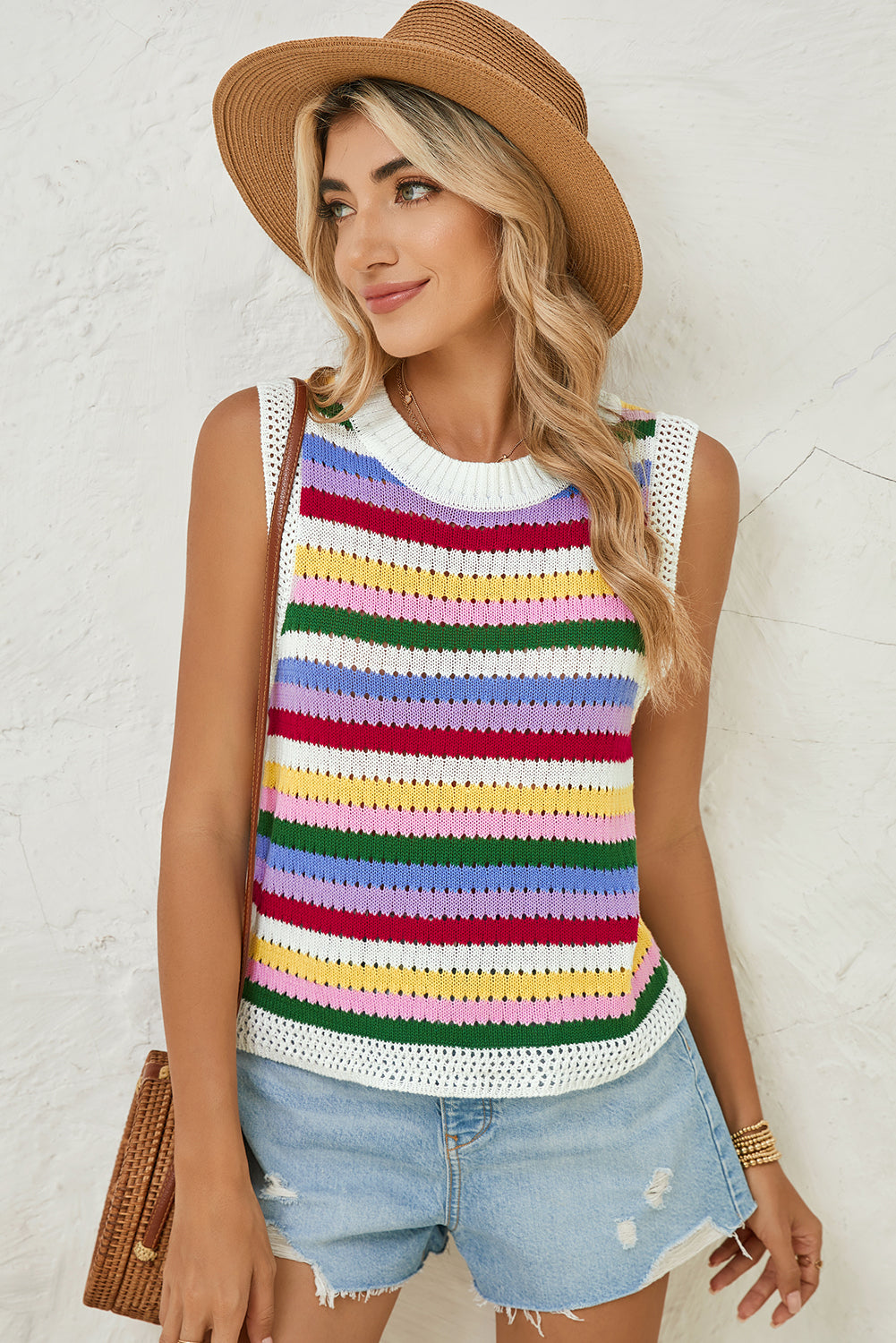 Multicolour Striped Cutout Knit Tank Top