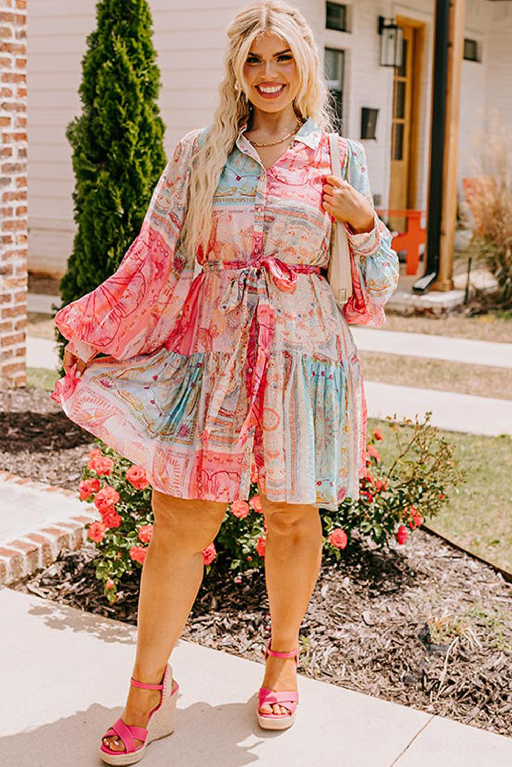 Pink Abstract Print Bubble Sleeves Belted Plus Size Dress