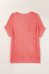 Fresh Salmon Short Sleeve Patched Pocket Split Baggy Knit Top