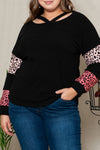 Black Plus Size Leopard Patchwork Strappy Neck Top