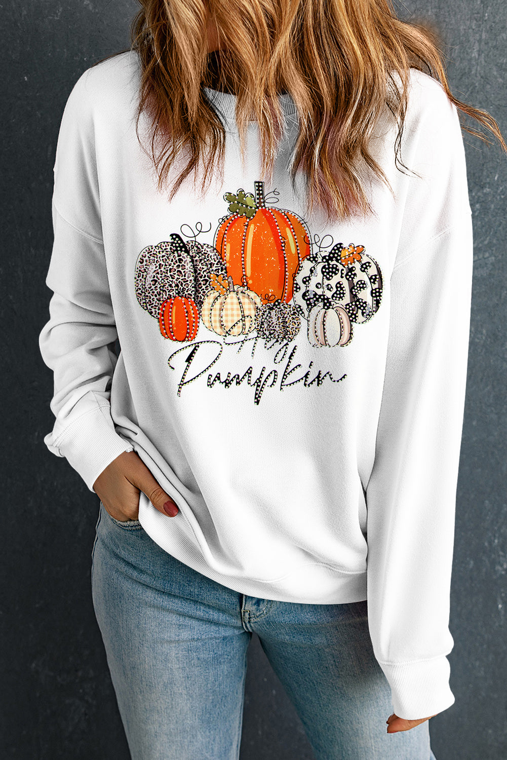 Beige Rhinestone Pumpkin Graphic Thanksgiving Sweatshirt