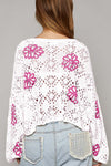 Beige Flower Print Drop Shoulder Hollow Knit Sweater