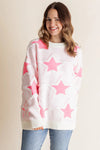 Sachet Pink Star Pattern Drop Sleeve Loose Sweater