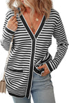 Black Striped Pocketed Button Long Cardigan