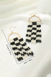 Black Checkered Beaded Tassel Bohemian Hoop Earrings